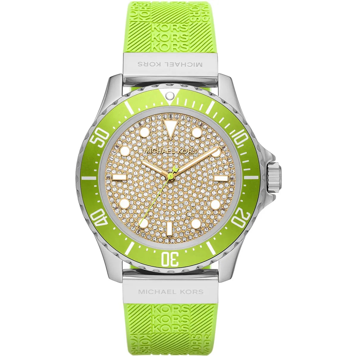 Michael Kors Everest MK7360 women's watch with crystal dial, green bezel and green rubber strap