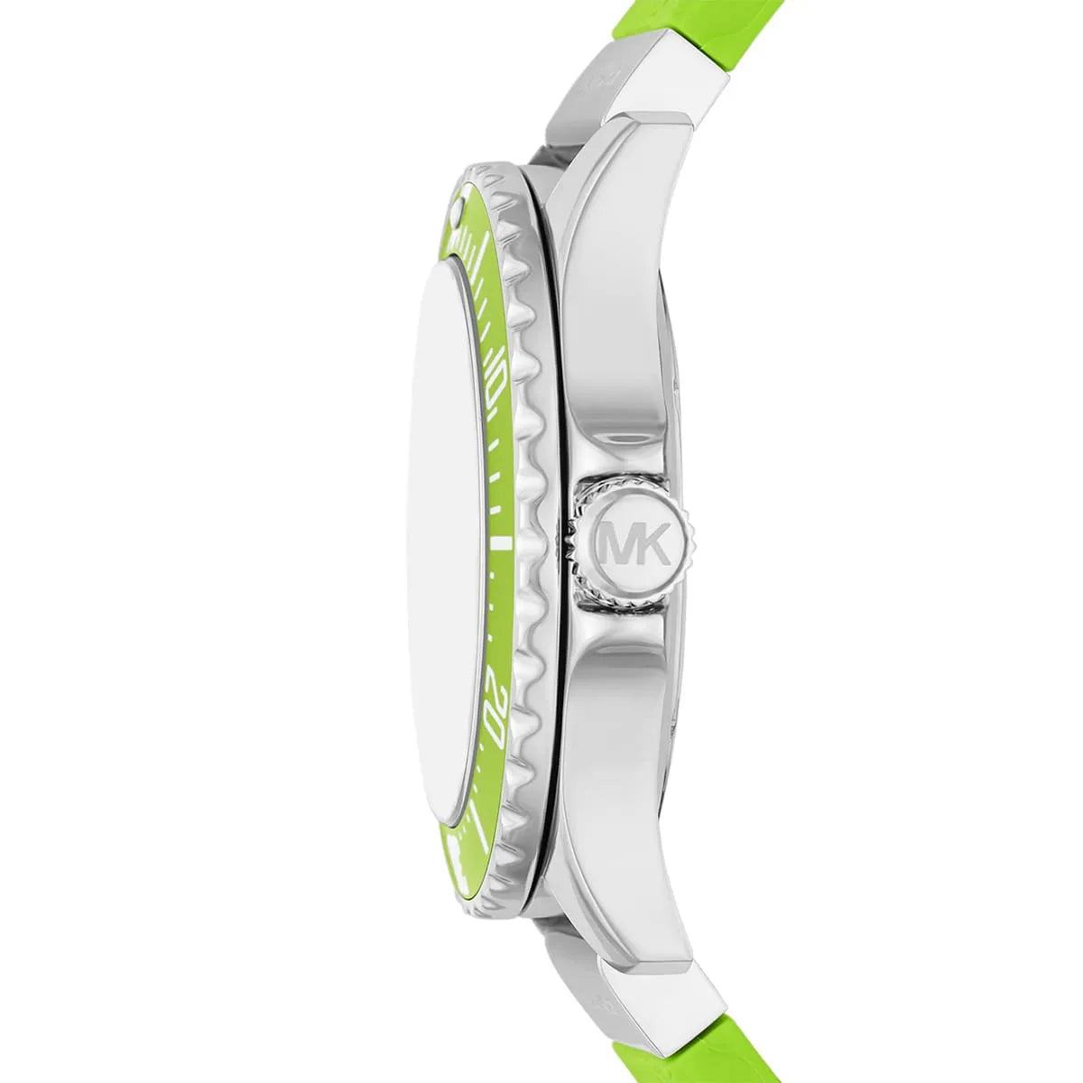 Side view of Michael Kors Everest watch showing silver case, green bezel and green silicone strap