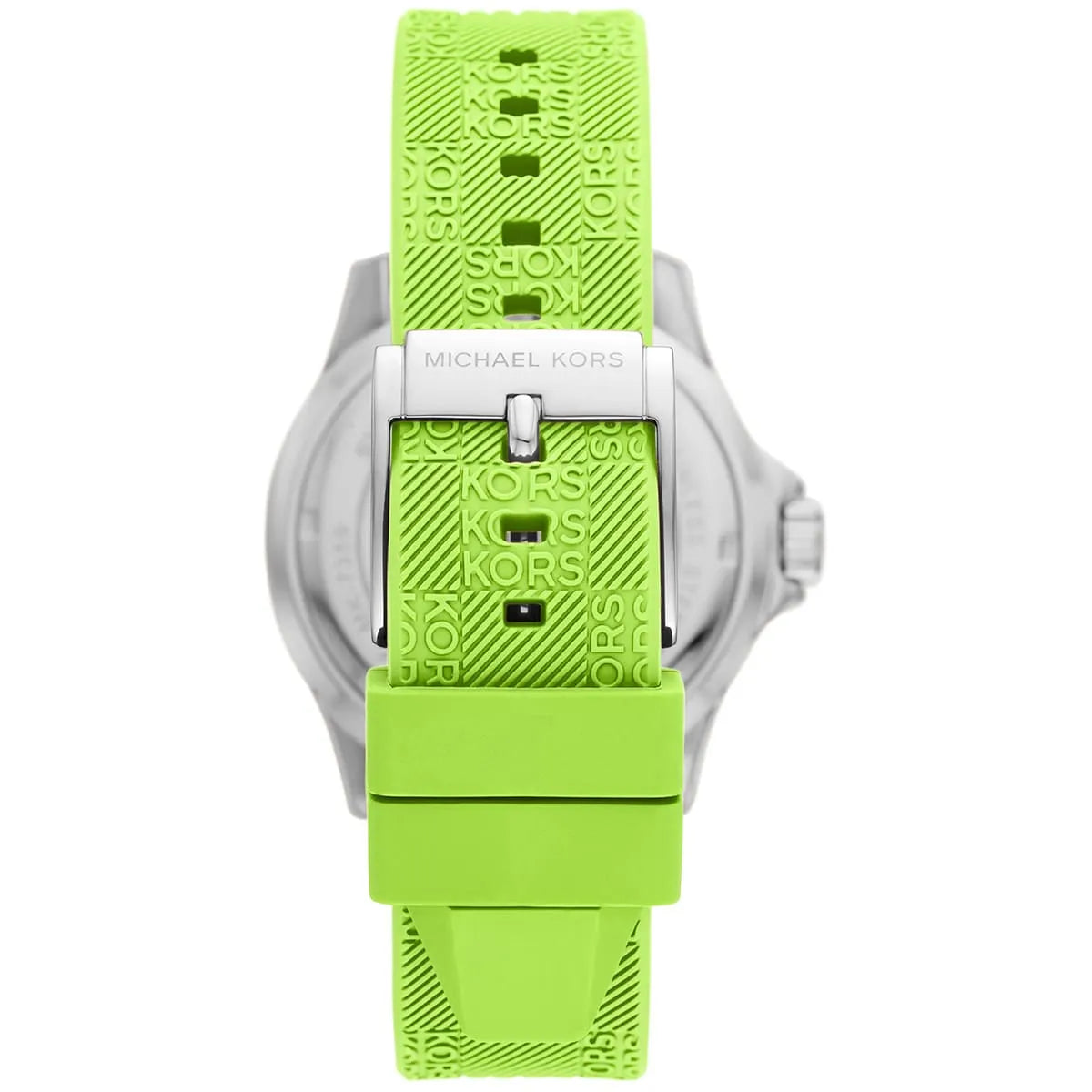 Green silicone strap detail of Michael Kors Everest watch with textured pattern and buckle