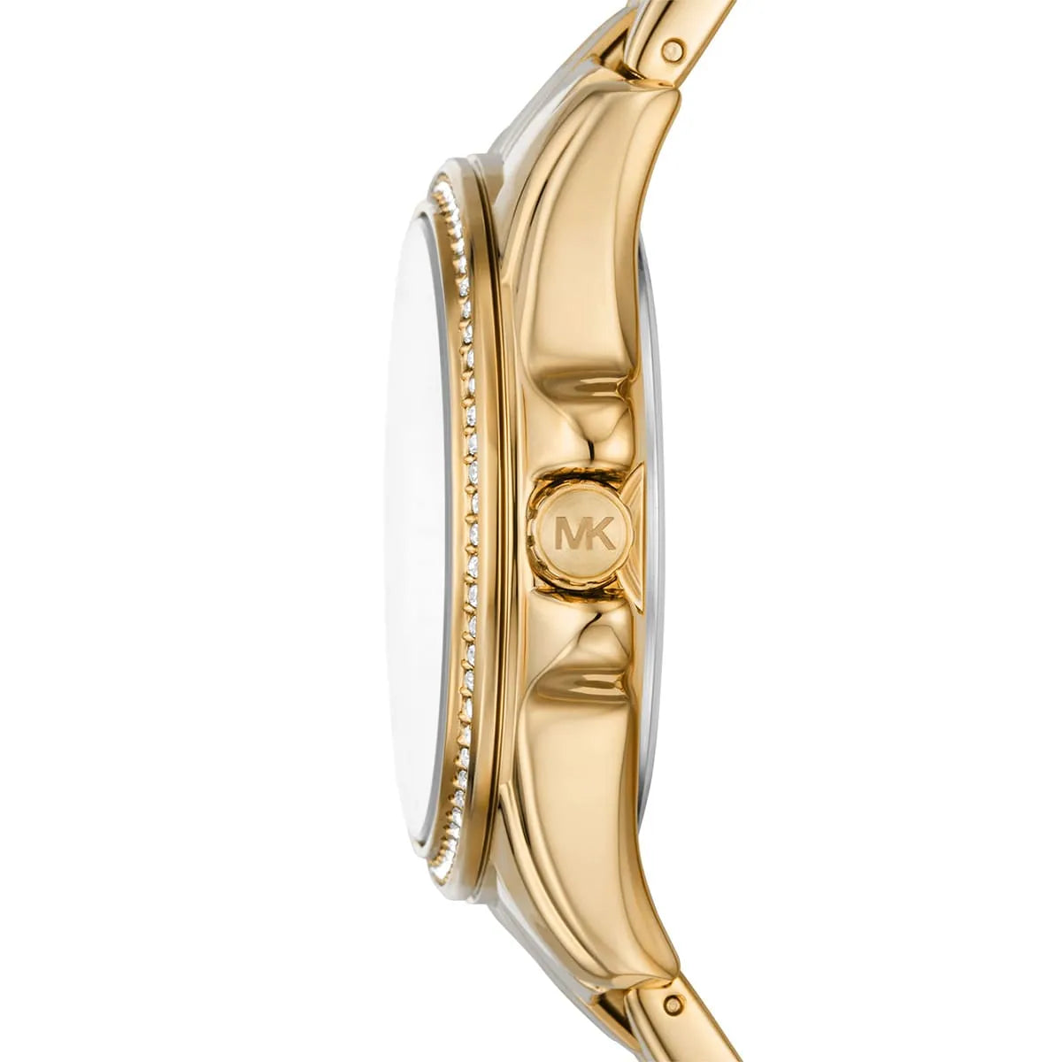 Michael Kors Mini Pilot watch side view showing case thickness and crystal bezel