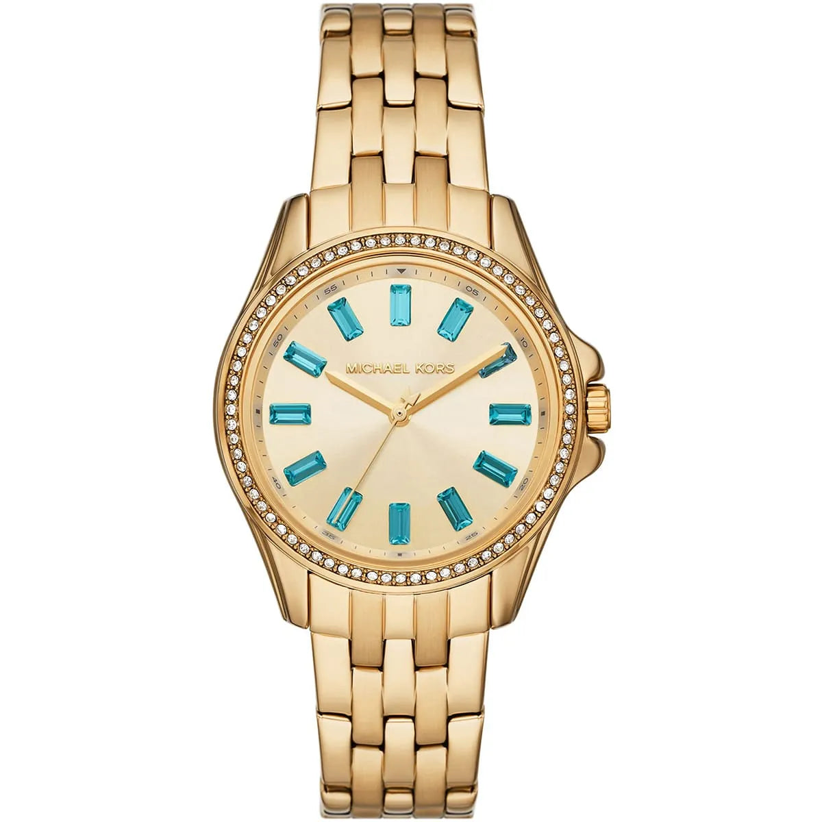 Michael Kors Mini Pilot gold-tone watch with turquoise dial and crystal bezel