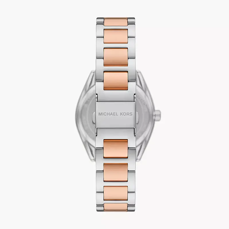 Michael Kors Janelle two-tone steel and rose gold bracelet strap with Michael Kors branding on caseback
