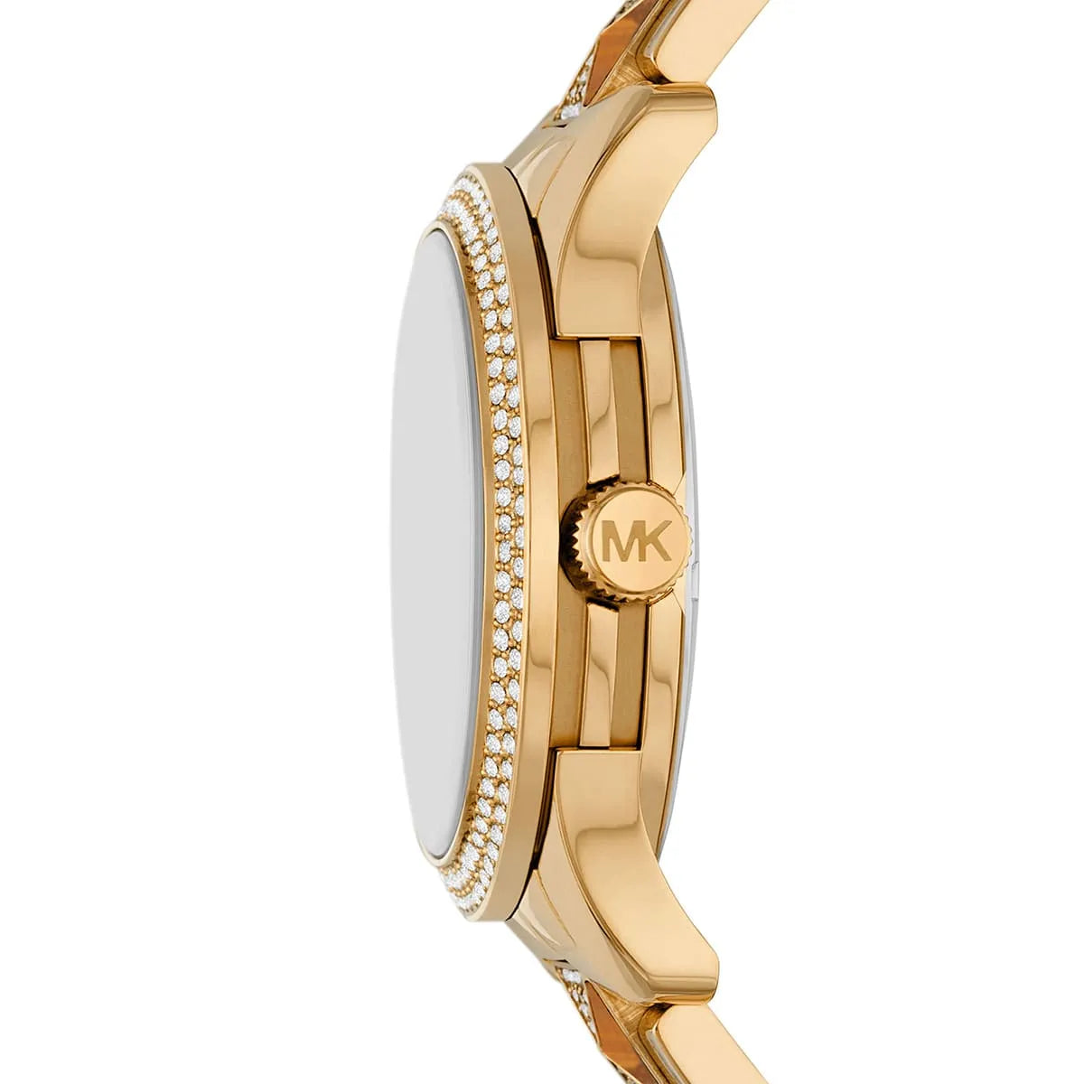 Side profile of Michael Kors Everest MK7389 showing crystal-set bezel edge and gold-tone case
