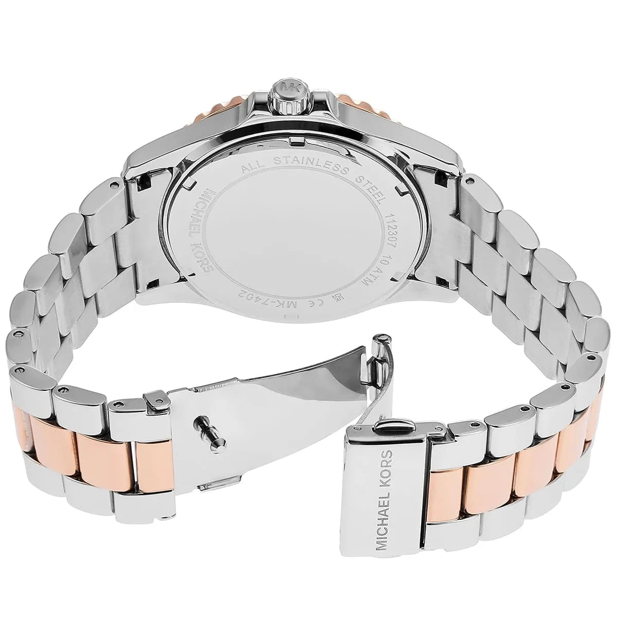 Michael Kors Everest watch back view displaying stainless steel case and two-tone metal bracelet