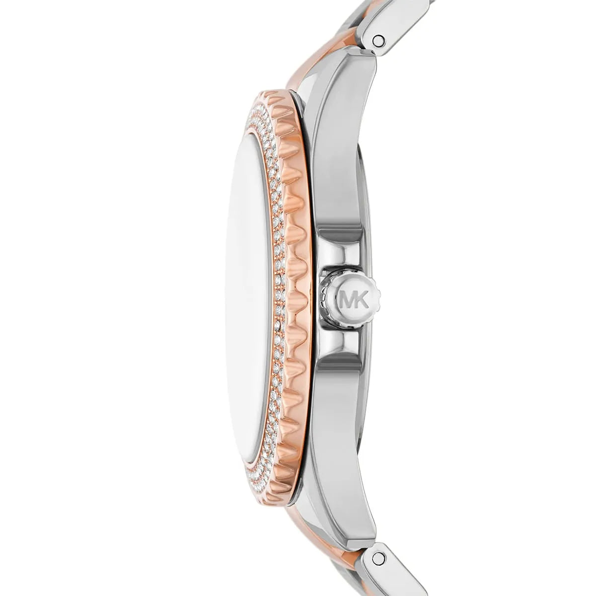 Side profile of Michael Kors Everest watch showing case depth and two-tone metal bracelet