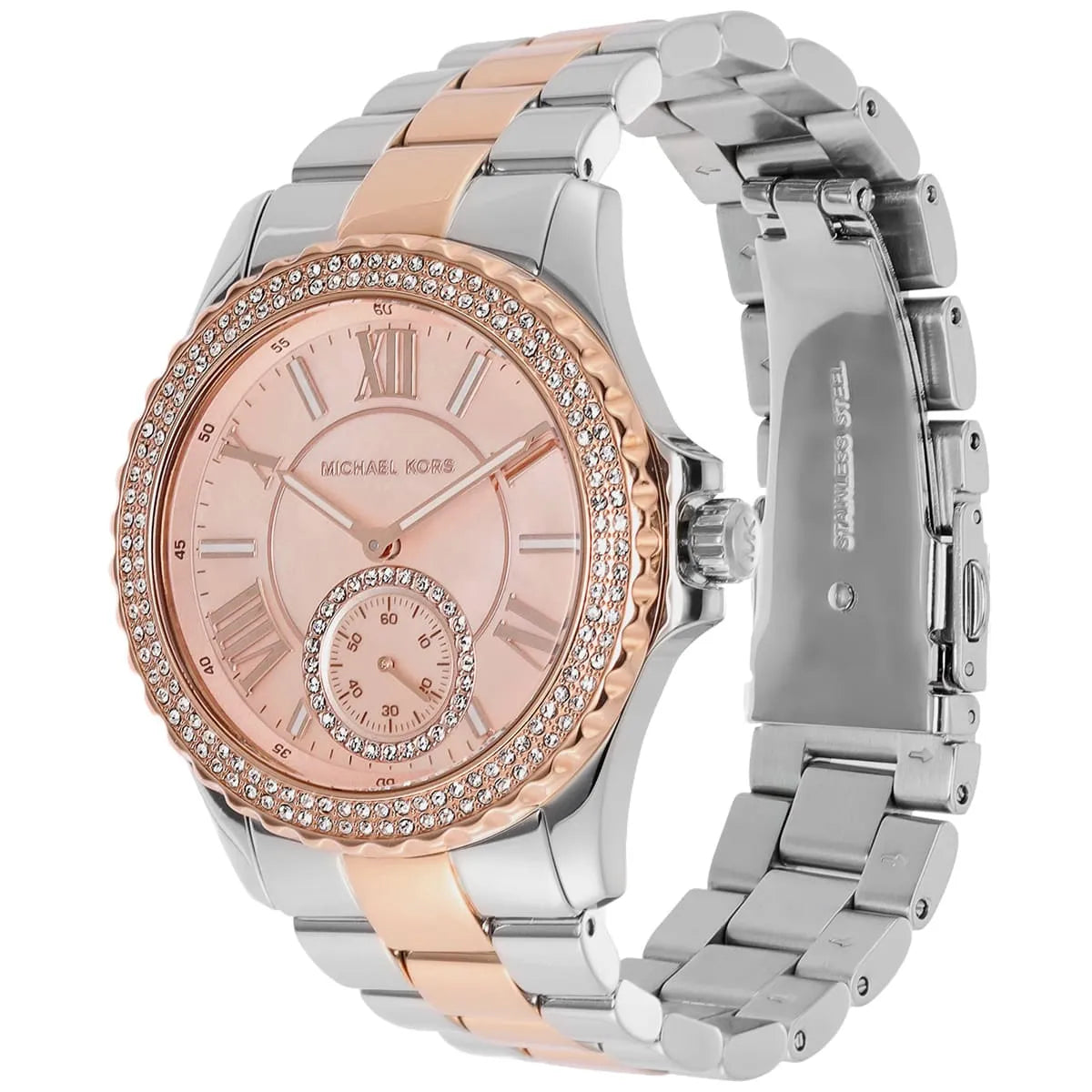 Michael Kors Everest MK7402 three-quarter view showing two-tone silver and rose gold bracelet