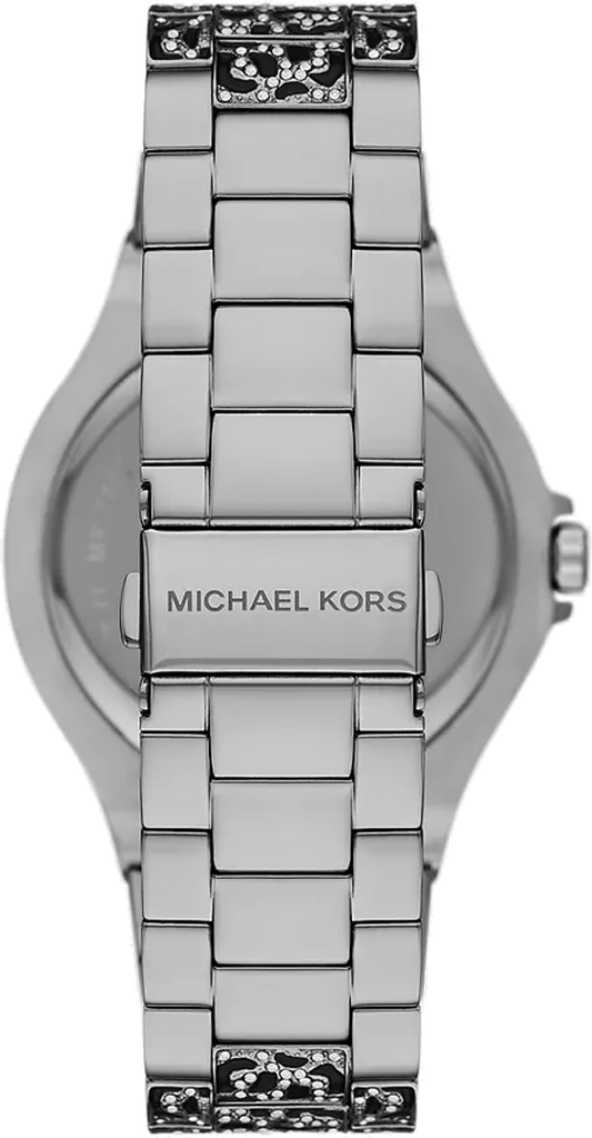 Michael Kors Lennox Pavé watch caseback showing stainless steel strap and link design