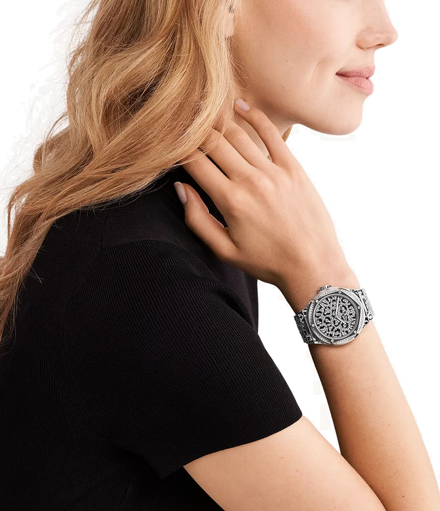 Michael Kors Lennox Pavé women's watch worn on wrist showing patterned dial and strap