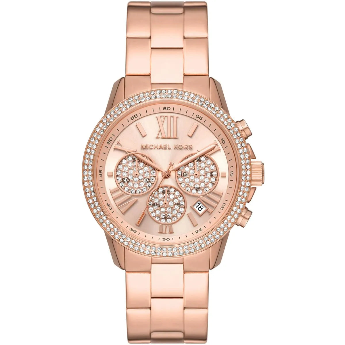 Michael Kors Lexington rose gold-tone watch with crystal bezel and three chronograph subdials on matching bracelet