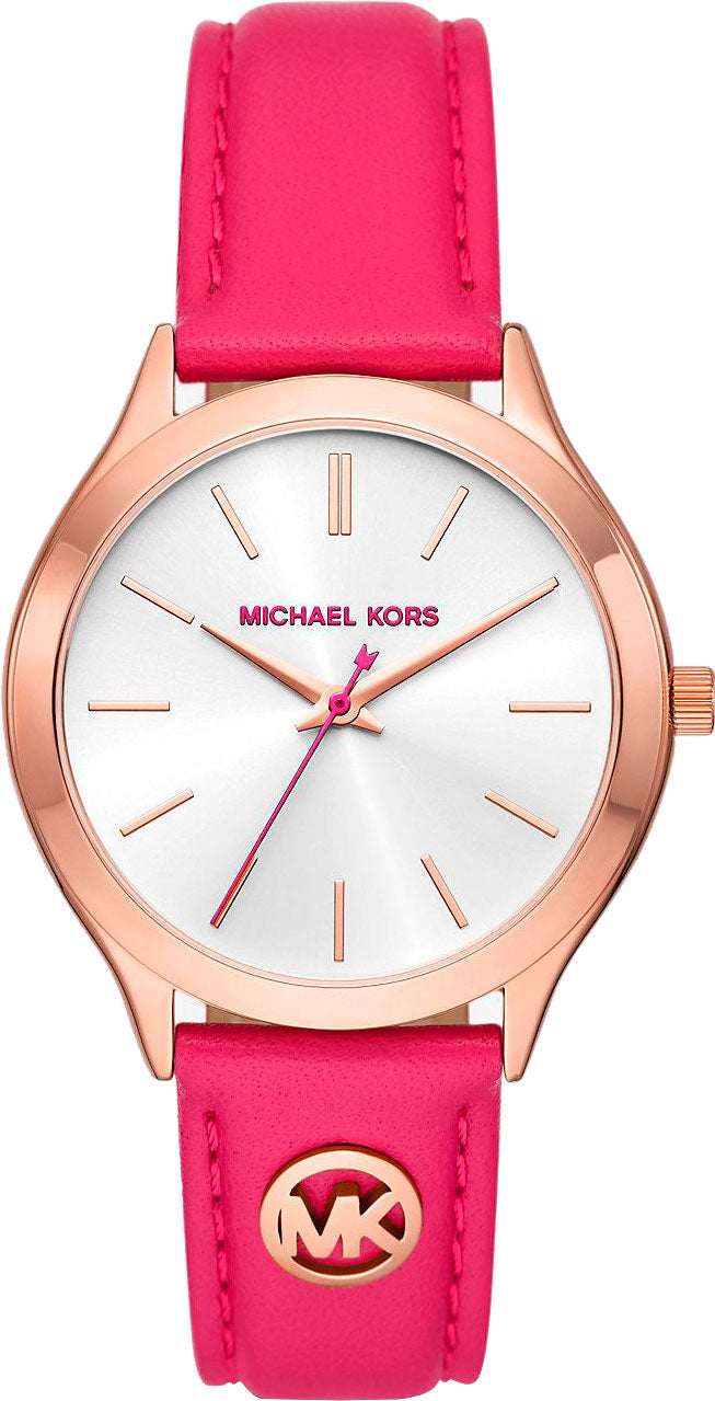 Michael Kors Slim Runway MK7469 rose gold-tone watch with white dial and pink leather strap