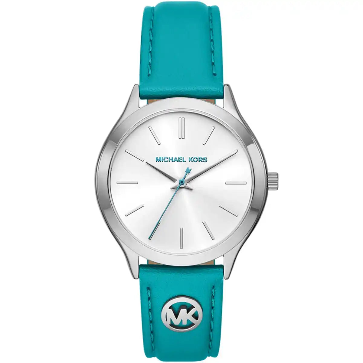 Michael Kors Slim Runway women's watch with white dial, silver case, and turquoise leather strap
