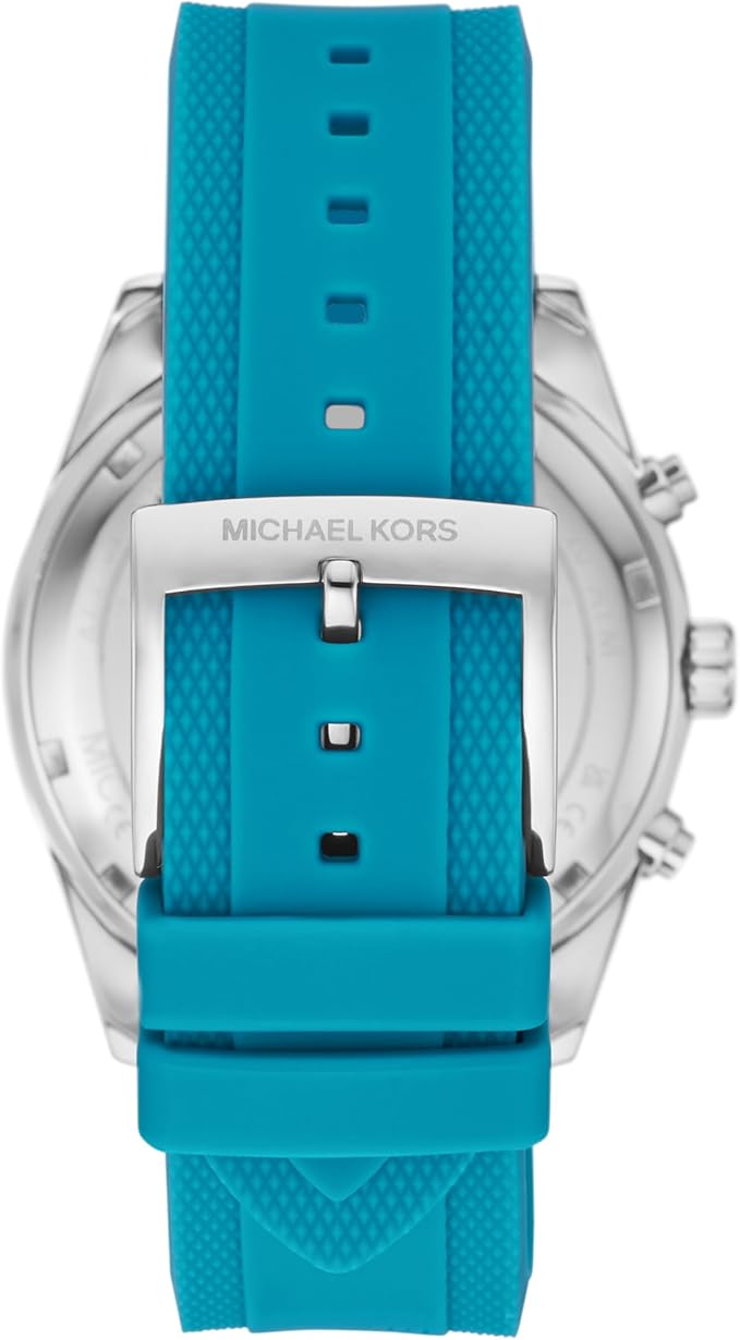 Michael Kors Hadyn watch rear view showing blue rubber strap and case back
