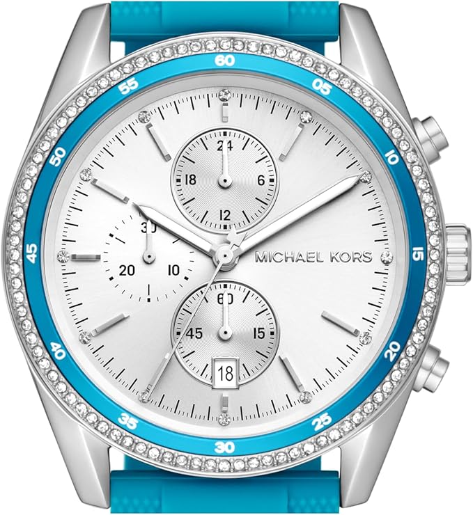 Michael Kors Hadyn dial detail showing white chronograph subdials and crystal bezel