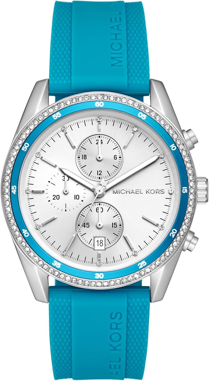 Michael Kors Hadyn women's watch with silver dial, blue bezel, and turquoise rubber strap
