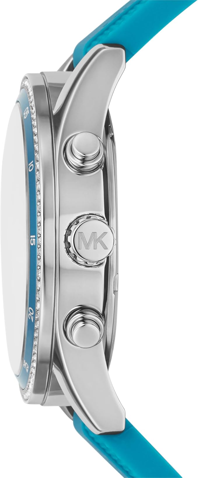 Michael Kors Hadyn watch side view showing silver case and chronograph pushers
