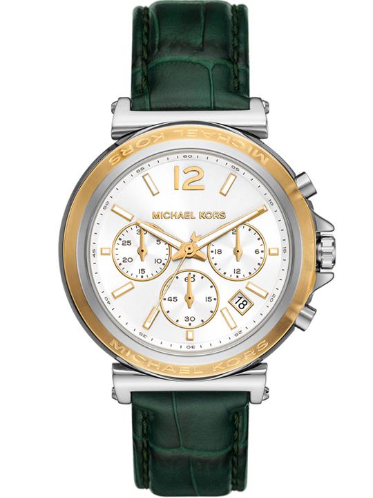 Michael Kors Maren chronograph watch with white dial, gold subdials, and green leather strap