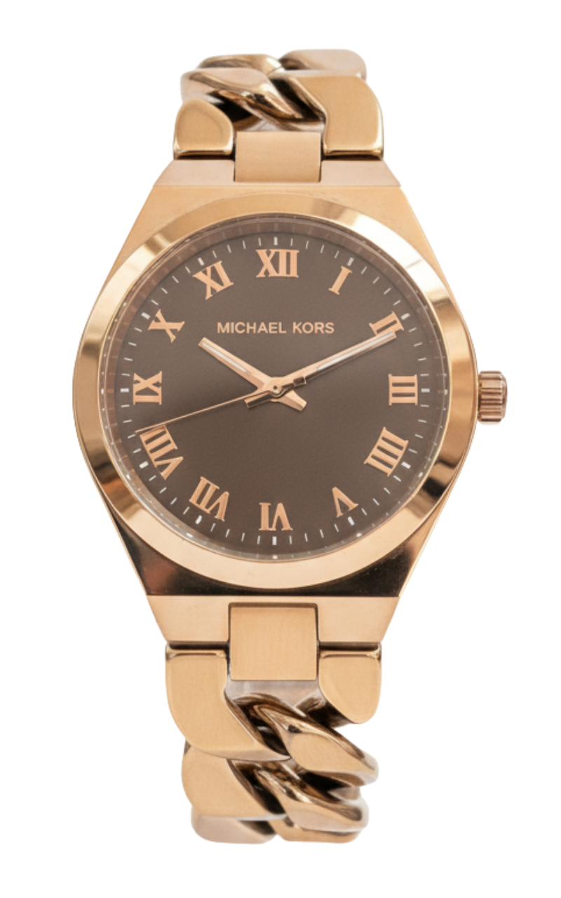 Michael Kors Lennox rose gold-tone women's watch with black dial and Roman numerals