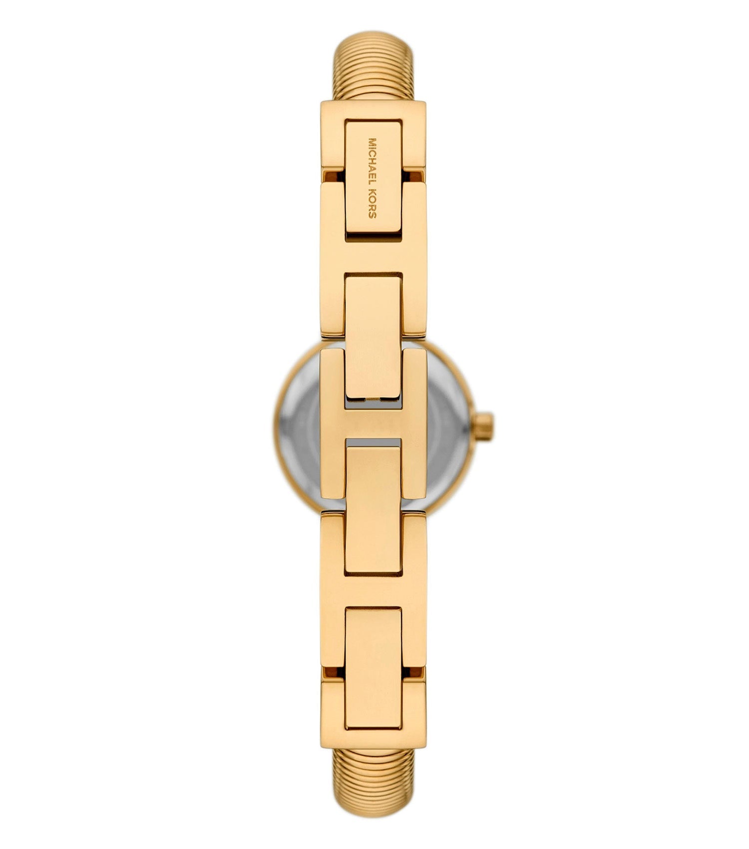 Michael Kors Mini Gramercy MK7527 angled view of gold-tone case and link bracelet