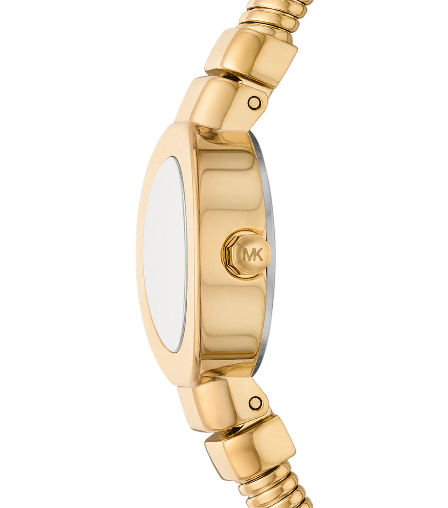 Michael Kors Mini Gramercy MK7527 side view showing gold-tone case profile and engraved MK logo
