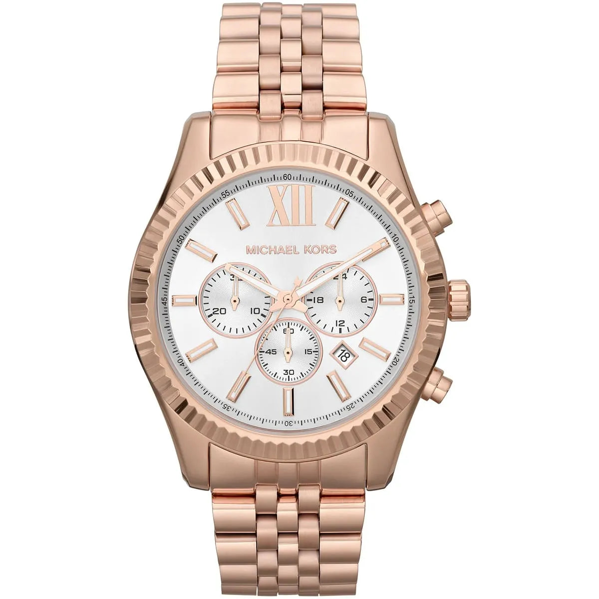 Michael Kors Lexington MK8313 chronograph watch with white dial and rose gold case and bracelet