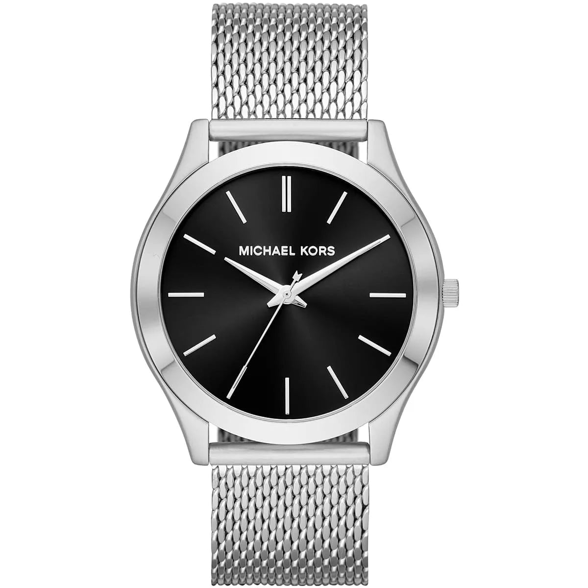 Michael Kors Slim Runway watch with black dial and silver mesh strap