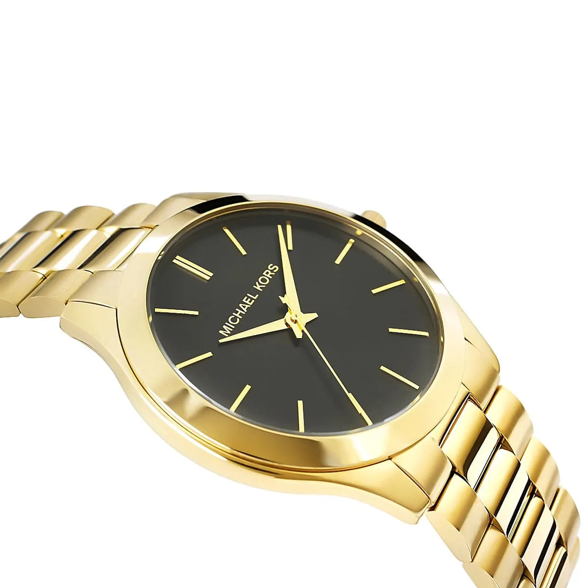 Angled view of Michael Kors Runway MK8621 with gold case and black dial