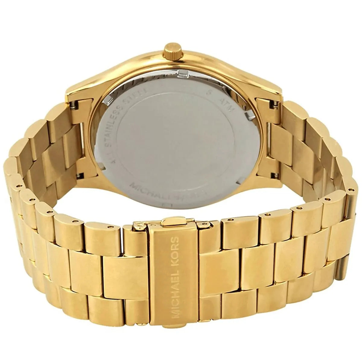 Caseback of Michael Kors Runway MK8621 watch showing engraving