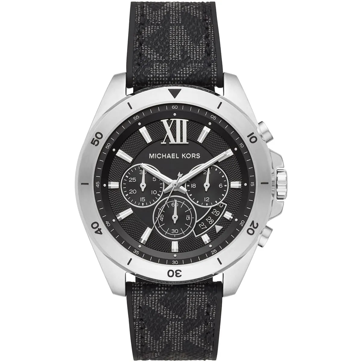Michael Kors Brecken chronograph men's watch with black dial, silver-tone case, Roman numerals, and black PVC strap