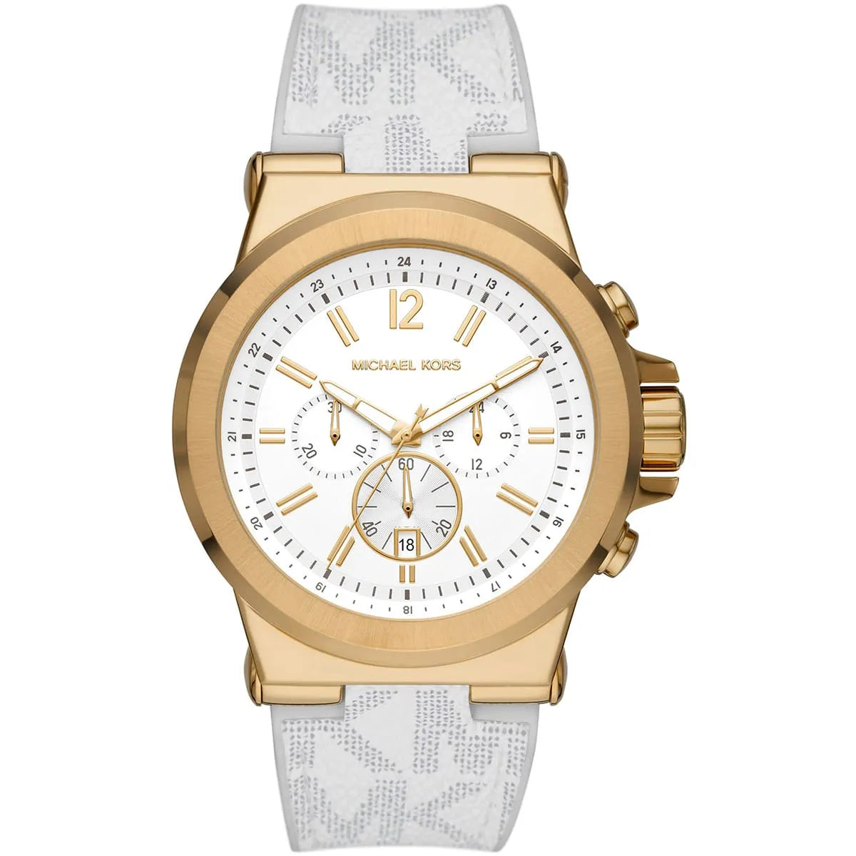 Michael Kors Dylan chronograph watch with white dial, gold-tone case, and white patterned silicone strap