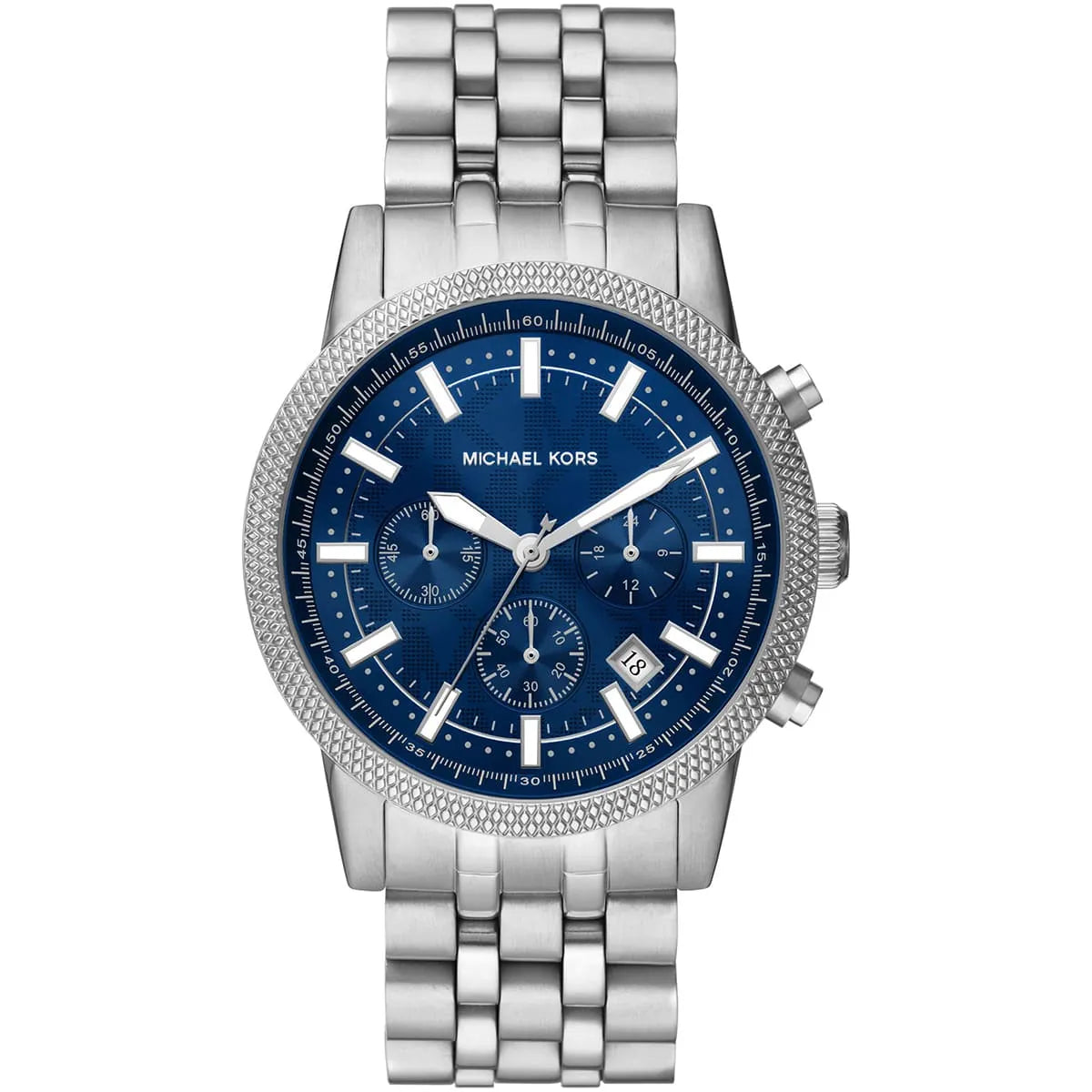 Michael Kors Hutton chronograph watch with blue dial and silver stainless steel bracelet