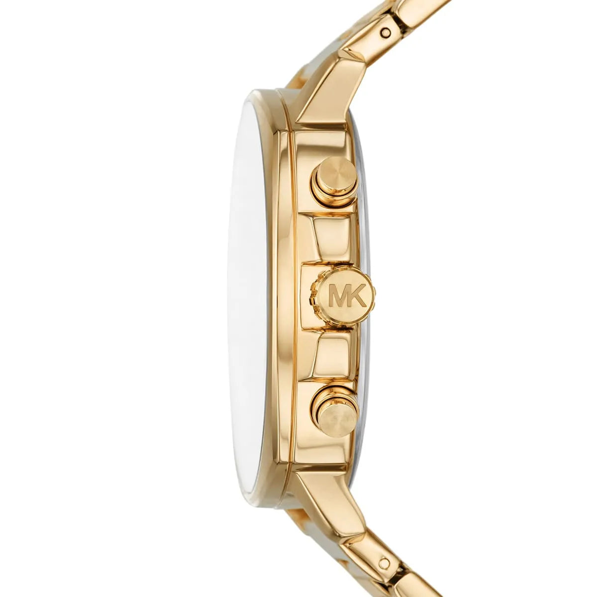 Side profile of Michael Kors Sullivan watch showing gold-tone case and pushers