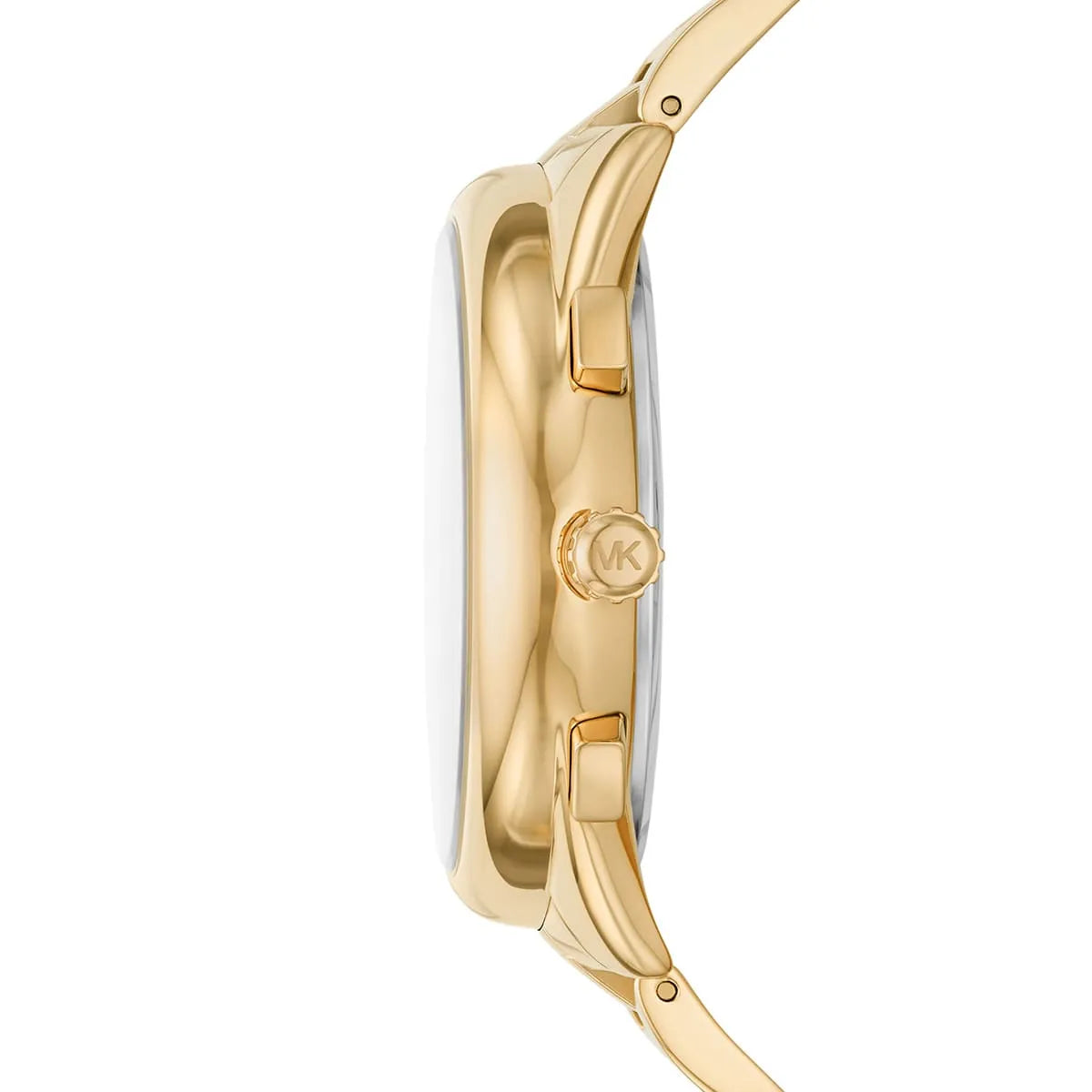 Side profile of Michael Kors MK8995 gold-tone watch showing case thickness and crown