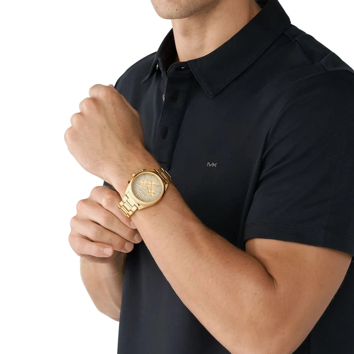 Michael Kors MK8995 gold-tone watch worn on wrist with gold pavé dial