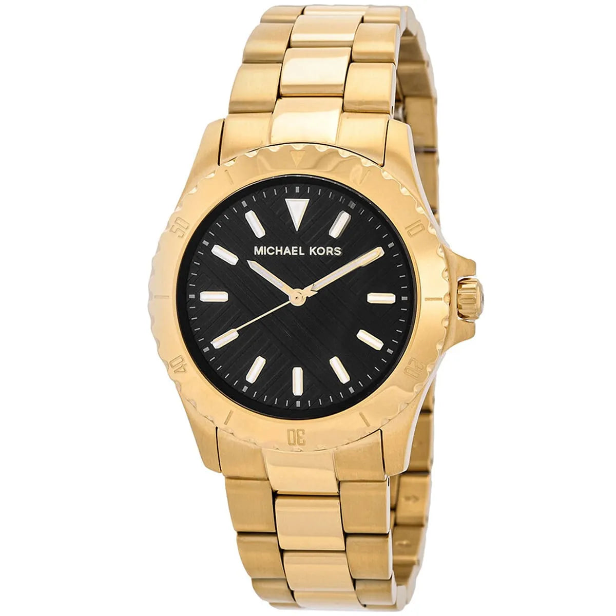 Michael Kors Everest watch at angle showing black dial and textured bezel with gold-tone case