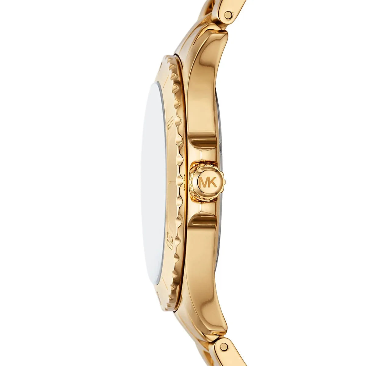 Michael Kors Everest watch side profile showing case thickness and gold-tone bracelet links
