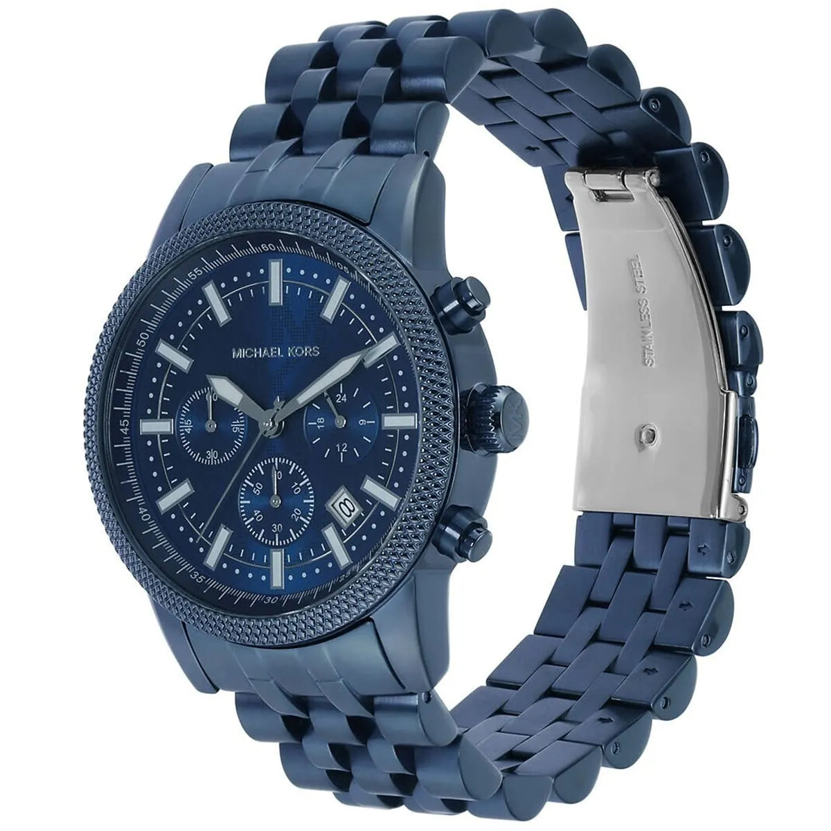 Michael Kors Hutton watch showing side profile with navy metal bracelet and dial