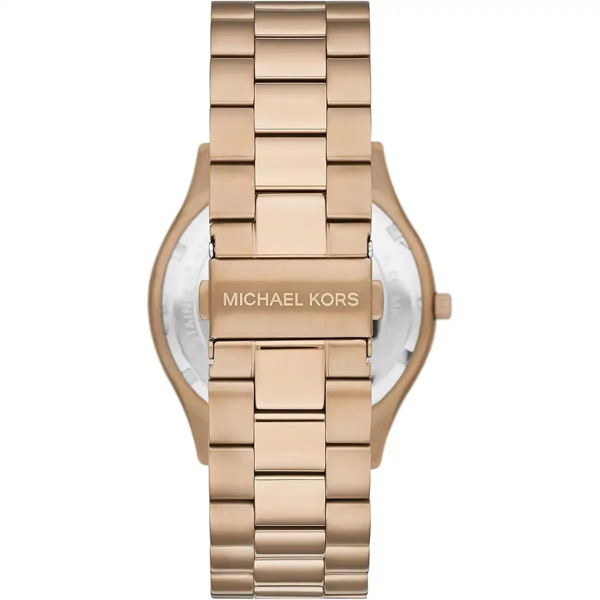 Michael Kors MK9122 caseback showing gold-tone metal bracelet strap