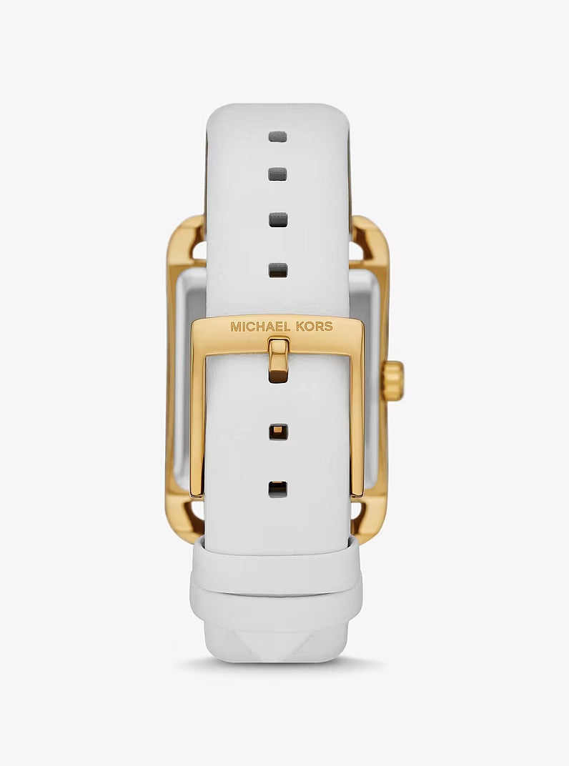 Michael Kors Petite watch case back showing white leather strap and MK logo on gold-tone case