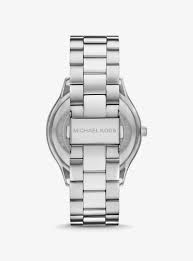 Back view of Michael Kors Aspyn watch showing caseback and metal bracelet