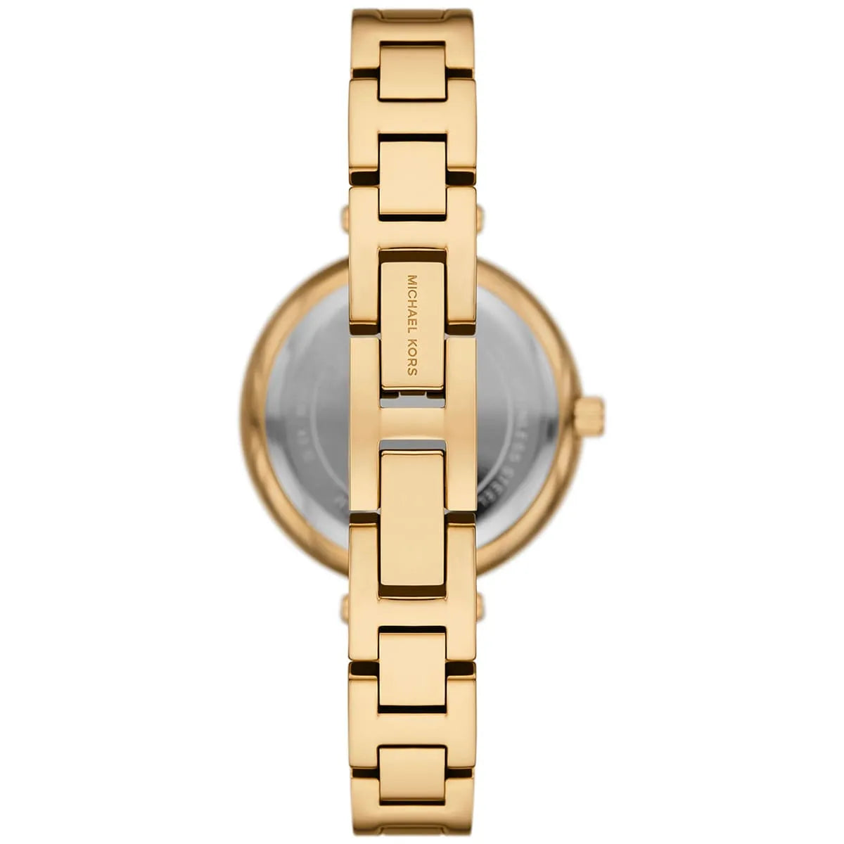Caseback view of gold-tone Mini Laney bangle watch with link bracelet