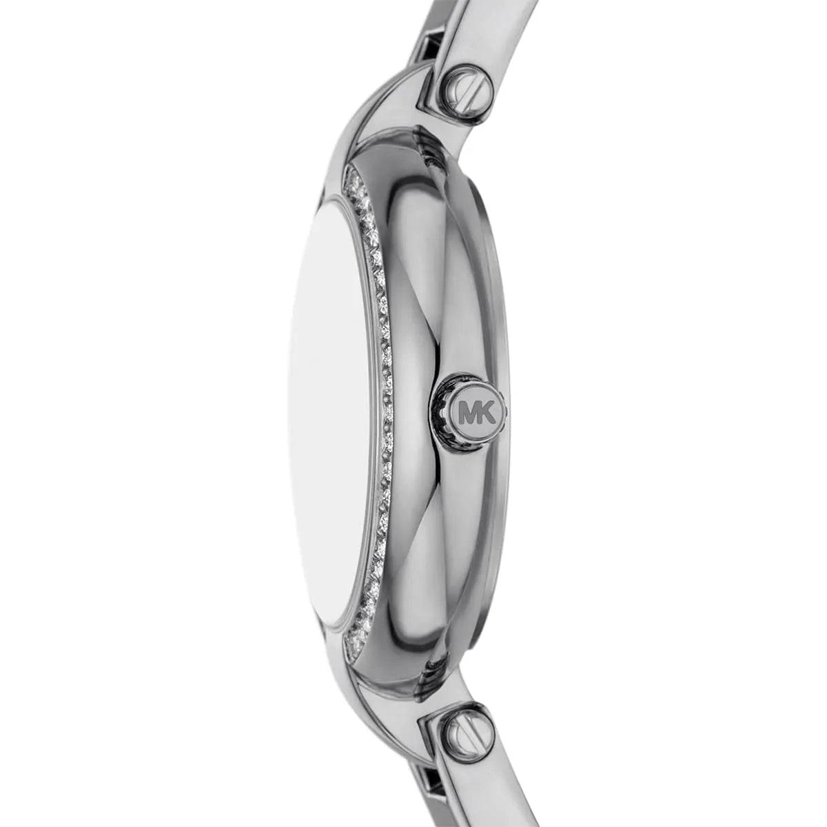 Mini Laney silver-tone bangle watch side profile showing case thickness and crystal bezel
