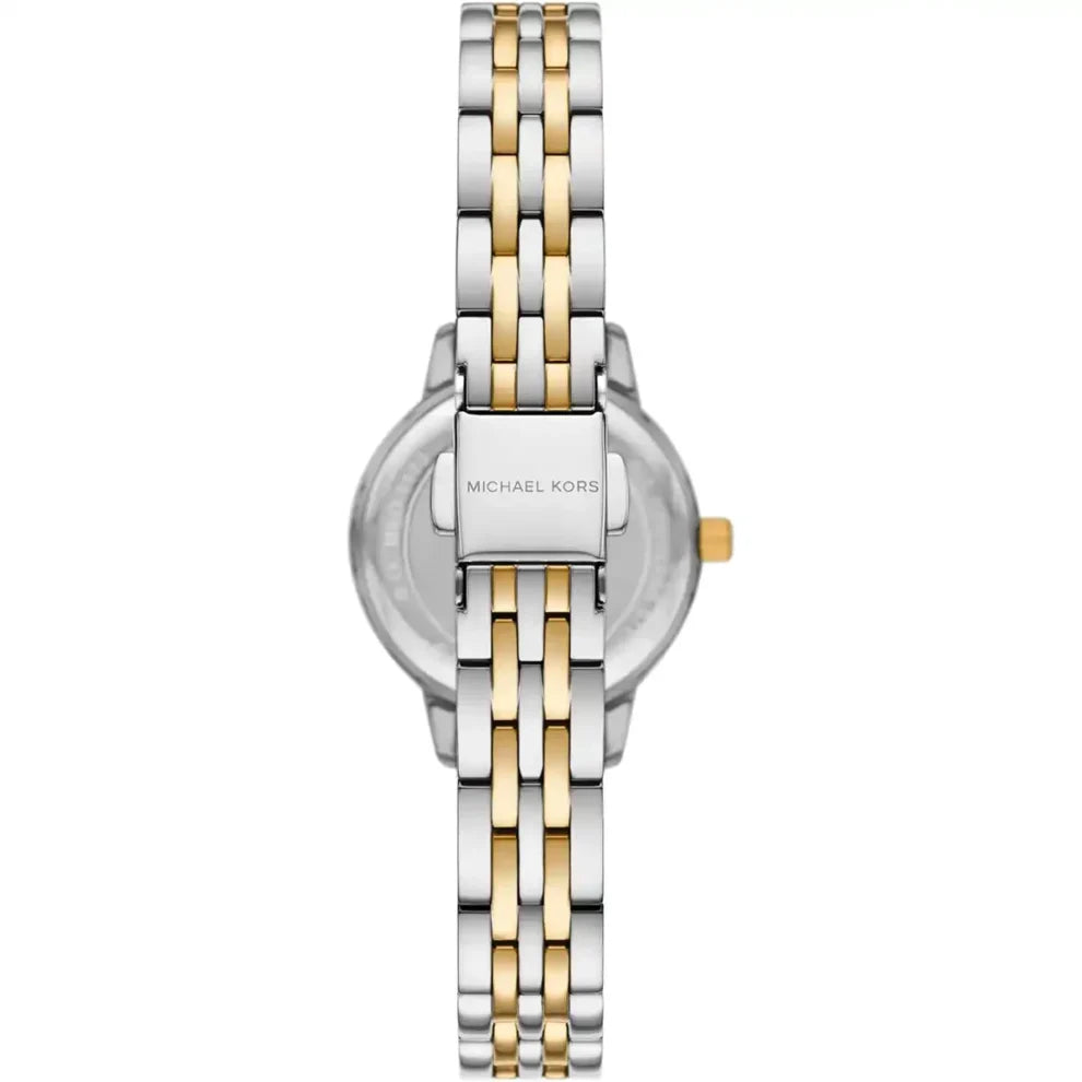 Back view of Michael Kors women's watch showing two-tone metal strap and caseback detail