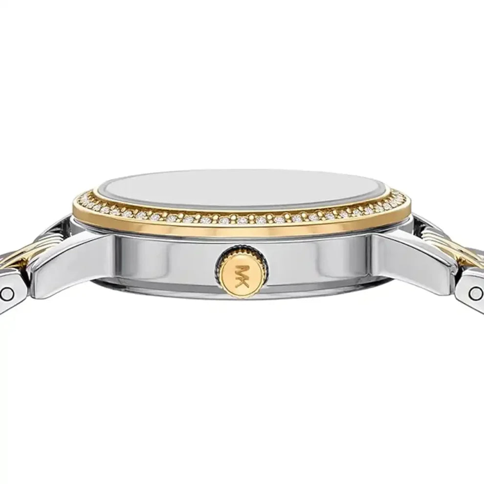 Side view of Michael Kors watch showing stainless steel case with gold accent and Michael Kors crown logo