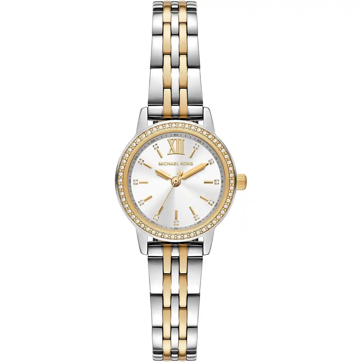 Michael Kors women's watch with white dial, two-tone gold and silver metal strap, and crystal bezel