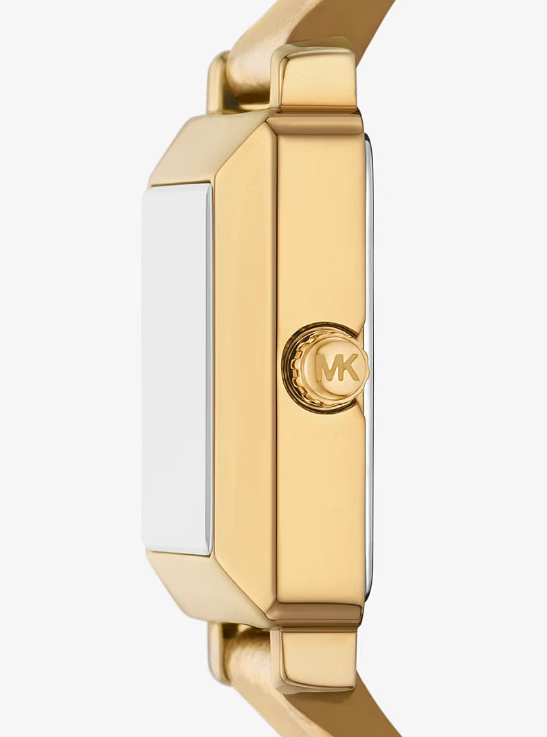 Michael Kors MKO1218 side view showing case depth and gold-tone bracelet