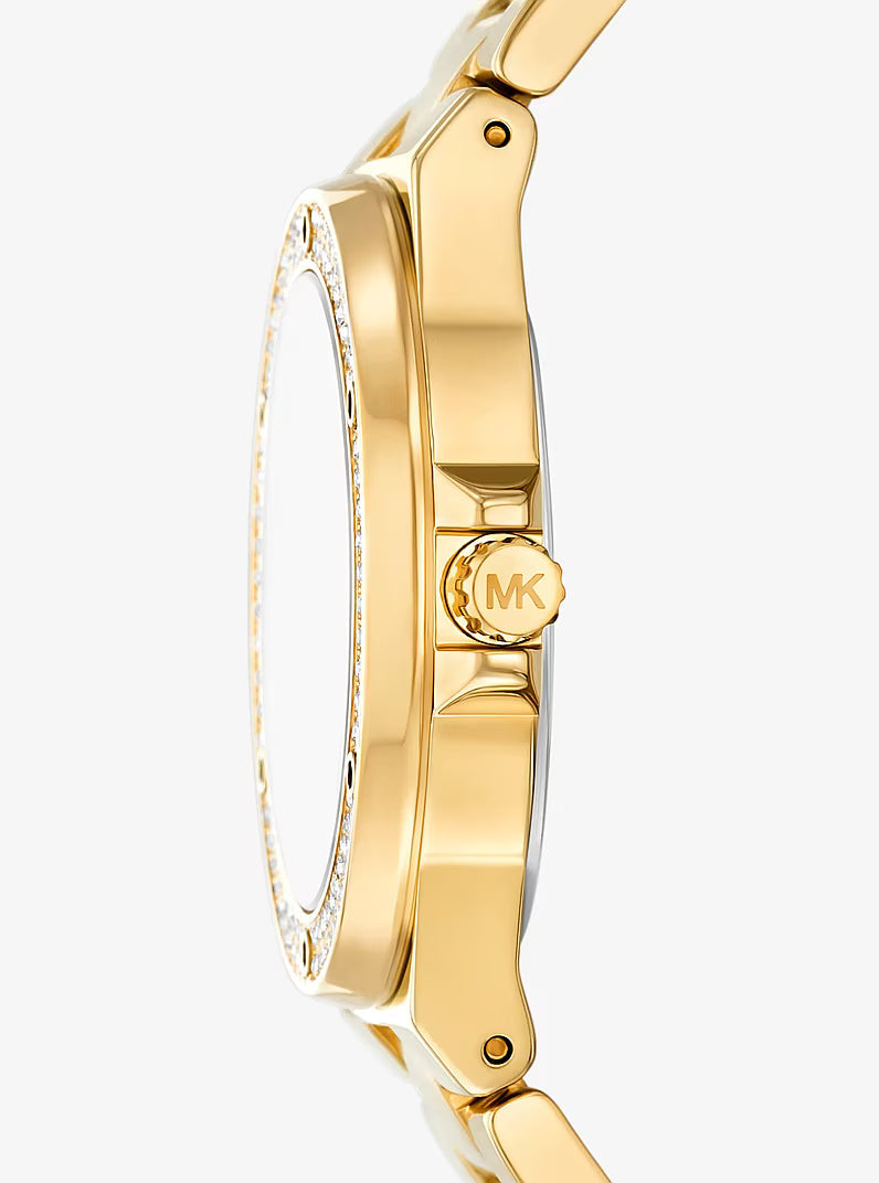 Side profile of gold-tone watch showing pavé bezel, crystal, and bracelet