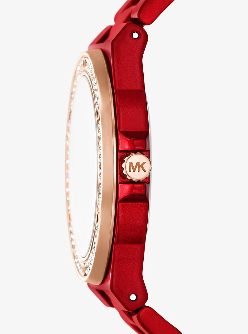 Side profile of Michael Kors Lennox watch showing red-tone case and bracelet with rose gold accents
