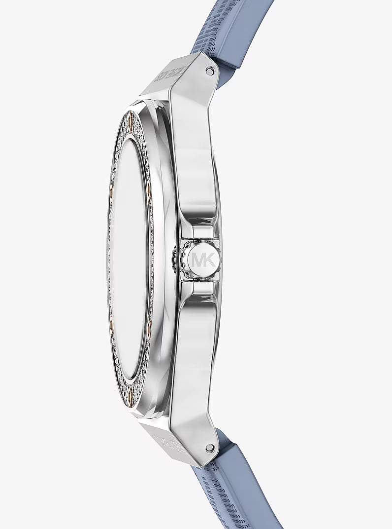Side profile of Michael Kors Lennox watch showing silver case and blue strap