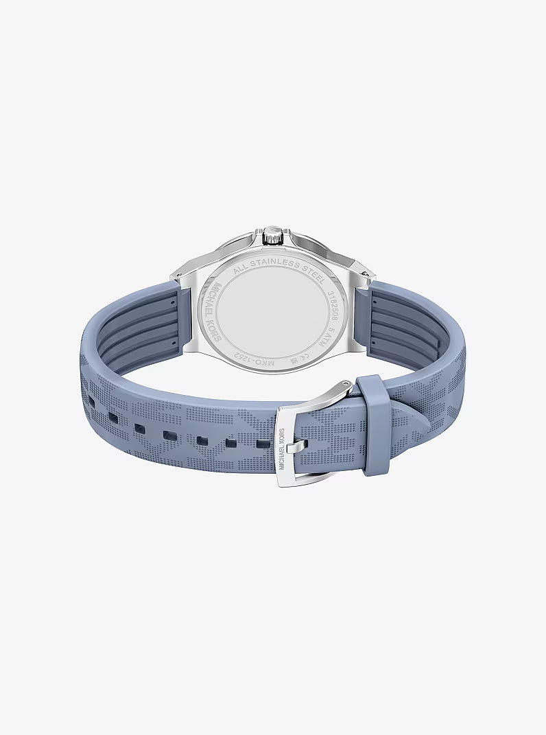 Blue logo strap of Michael Kors Lennox watch with buckle detail