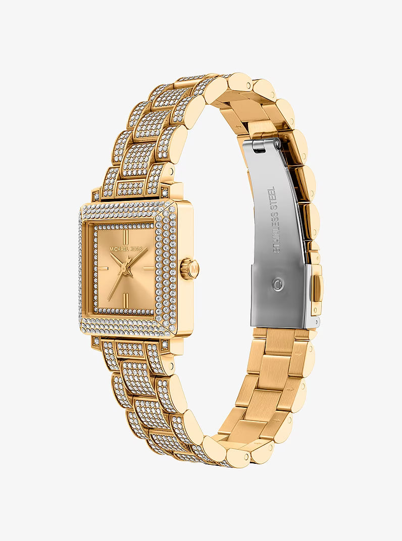 Angled view of pavé crystal case and gold-tone bracelet detail